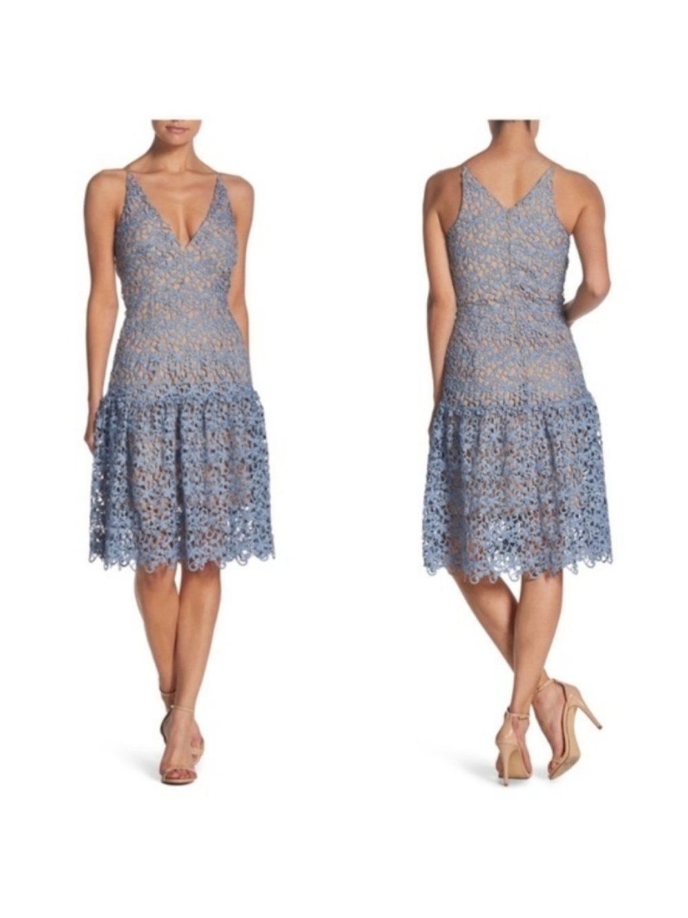 Dress the Population Lily Lace Dress Blue Drop Waist Cocktail Wedding Guest XS